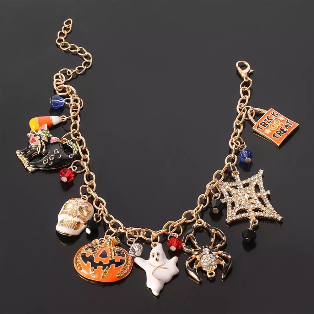 Beautiful Scary Halloween Pumpkin, Ghost, Spider Web, Black Kitty Bracelet